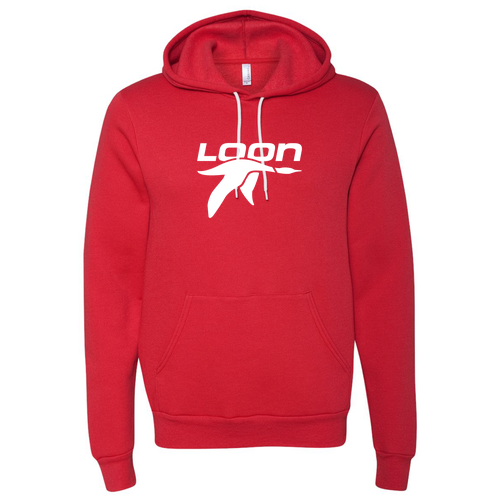Loon Logo 1 White Ink -- Pullover Hooded Sweatshirt Red