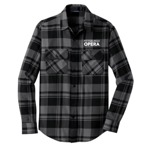 Embroidered Plaid Flannel Shirt -- Grey / Black