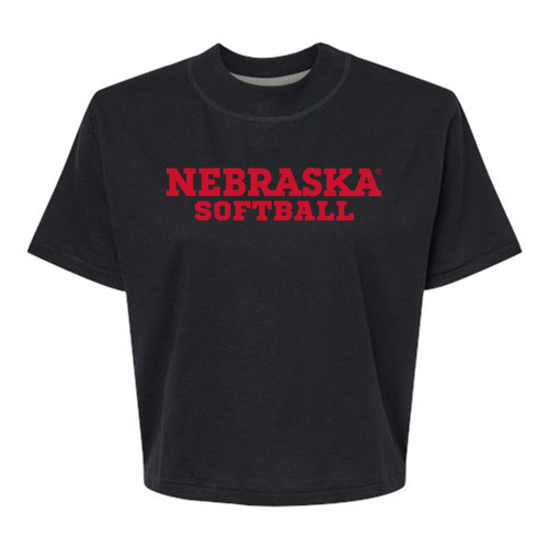 Nebraska Softball Block Font Ladies' Boxy Tee -- Blended Black