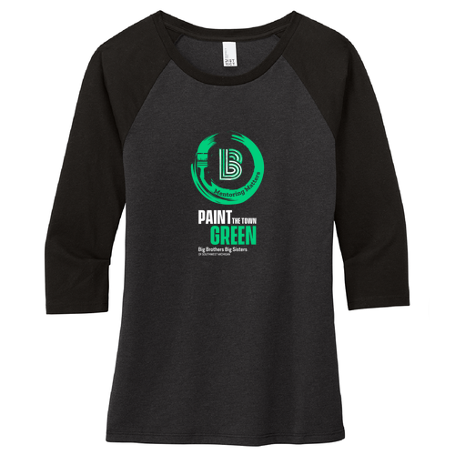 District Made Ladies Perfect Tri 3/4 Sleeve Raglan -- Black Frost / Black