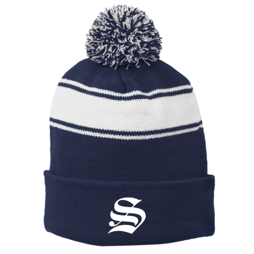 Mens/Unisex Sport-Tek Stripe Pom Pom Beanie -- True Navy/ White
