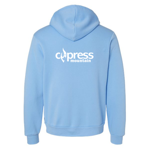 Cypress Mountain Logo 2 White Ink -- Pullover Hooded Sweatshirt Carolina Blue