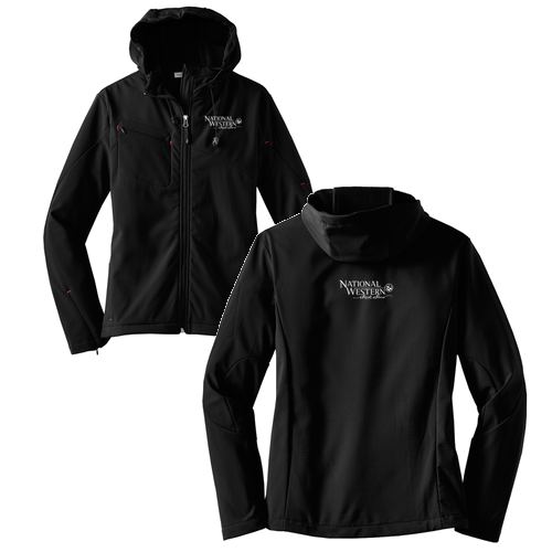 Port Authority Ladies Textured Hooded Soft Shell Jacket -- Black / Engine Red