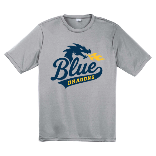 Adult Blue Dragon Script Performance Tee -- Silver