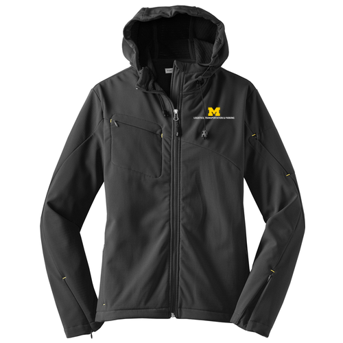 Ladies Port Authority Textured Hooded Soft Shell Jacket -- Charcoal / Lemon Yellow, $75