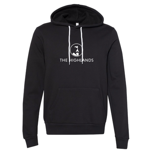 The Highlands Logo 1 White Ink -- Pullover Hooded Sweatshirt Black