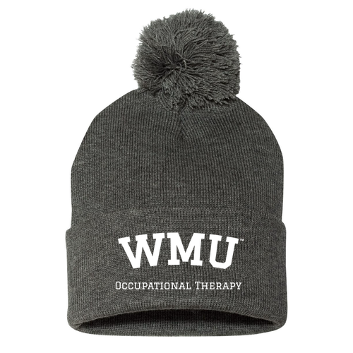 Embroidered WMU Block Sportsman Pom Pom Knit Hat -- Dark Heather Grey