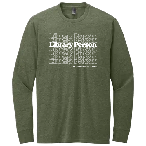 District Perfect Blend CVC Long Sleeve Tee -- Heathered Olive, Library Person