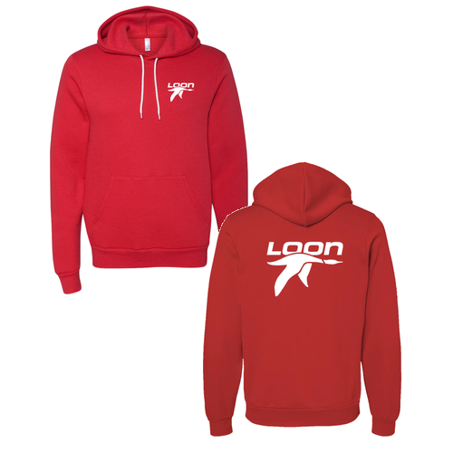 Loon Logo 2 White Ink -- Pullover Hooded Sweatshirt Red