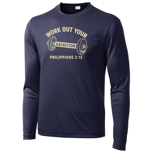 Work Out Your Salvation Long Sleeve Performance Tee -- True Navy