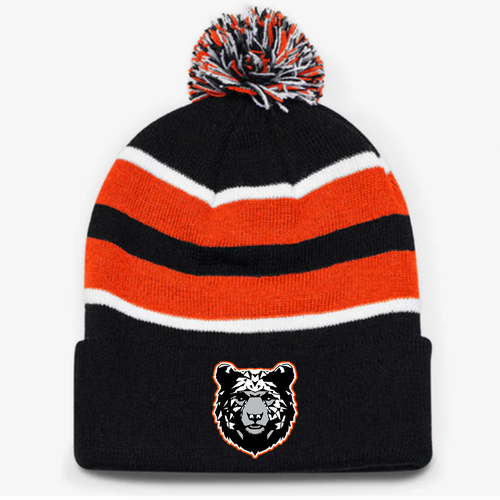 Pom-Pom Knit Beanie -- Black / Orange / White