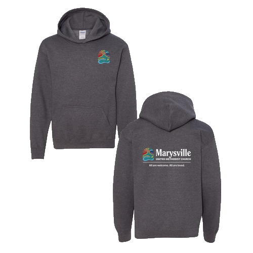 Gildan Heavy Blend Youth Hooded Sweatshirt Front & Back -- Dark Heather