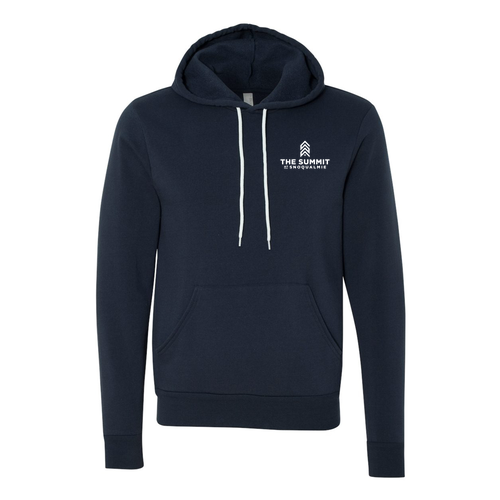 The Summit at Snoqualmie Logo 2 White Ink -- Pullover Hooded Sweatshirt Navy