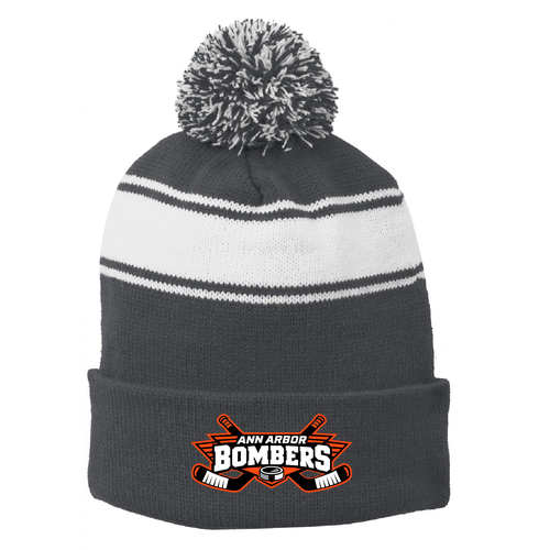 Sport-Tek Stripe Pom Pom Beanie -- Iron Grey / White