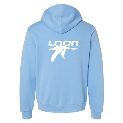 Loon Logo 2 White Ink -- Pullover Hooded Sweatshirt Carolina Blue
