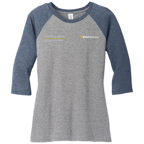 Embroidered District Made Ladies Perfect Tri 3/4 Sleeve Raglan -- Grey Frost / Navy Frost
