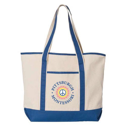 Q-Tees Large Canvas Deluxe Tote Bag -- Natural / Royal