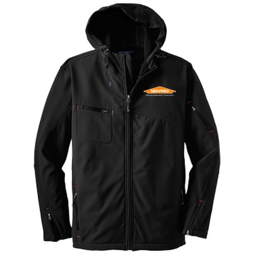 Port Authority Textured Hooded Soft Shell Jacket -- Black / Engine Red