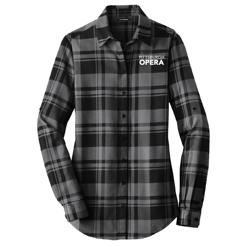 Embroidered Ladies Plaid Flannel Tunic -- Grey / Black