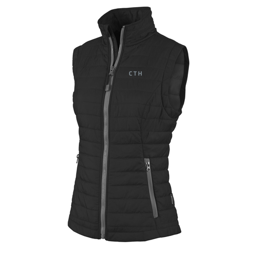 Ladies Charles River Radius Quilted Vest -- Black / Grey, CTH Logo, 20 Points