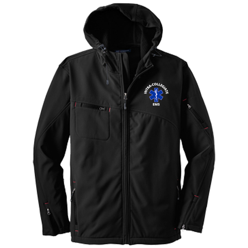 Port Authority Textured Hooded Soft Shell Jacket -- Black / Engine Red