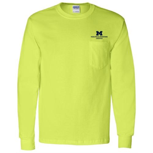 Men/Unisex Gildan Long Sleeve Pocket Tee -- Safety Green, $22