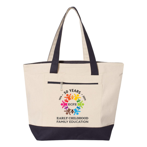 Q-Tees Canvas Zipper Tote -- Natural / Navy